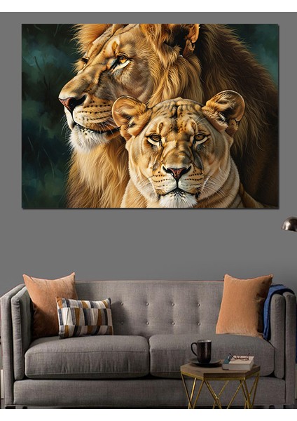 Güçlü Aslan Çifti Portresi Dekoratif Kanvas - Mdf Ahşap Tablo fırsatları