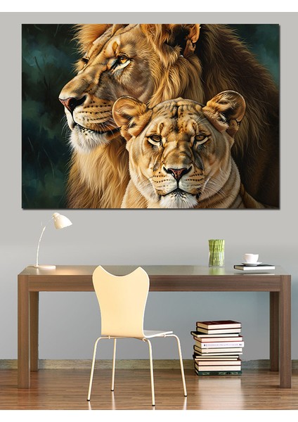 Güçlü Aslan Çifti Portresi Dekoratif Kanvas - Mdf Ahşap Tablo indirimleri