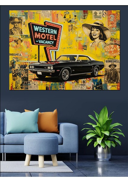 Vintage Graffiti Duvarı Fonlu Siyah Araba ve "western Motel" Tabelası Dekoratif Kanvas - Mdf Ahşap Tablo