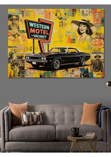 Vintage Graffiti Duvarı Fonlu Siyah Araba ve "western Motel" Tabelası Dekoratif Kanvas - Mdf Ahşap Tablo fiyatları