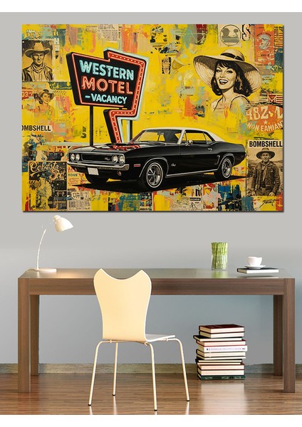 Vintage Graffiti Duvarı Fonlu Siyah Araba ve "western Motel" Tabelası Dekoratif Kanvas - Mdf Ahşap Tablo modelleri