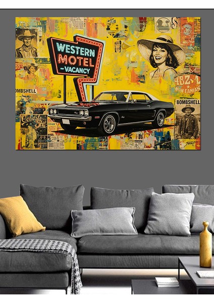 Vintage Graffiti Duvarı Fonlu Siyah Araba ve "western Motel" Tabelası Dekoratif Kanvas - Mdf Ahşap Tablo fırsatları