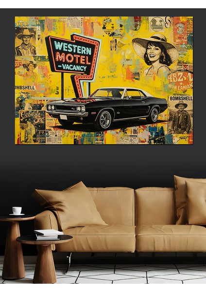 Vintage Graffiti Duvarı Fonlu Siyah Araba ve "western Motel" Tabelası Dekoratif Kanvas - Mdf Ahşap Tablo indirimleri