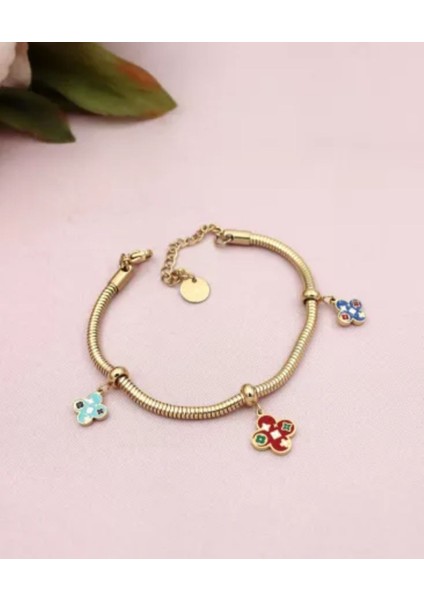 Kadın Yonca Detaylı Mineli Sallantılı Çelik Bileklik