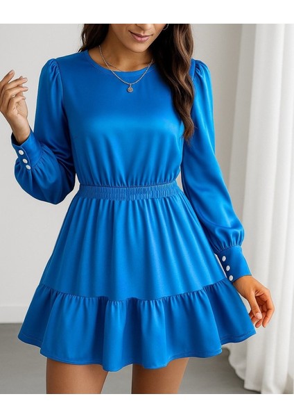 Cottonlab Kadın Uzun Kollu Bisiklet Yaka Beli Lastikli Fırfırlı Ithal Krep Elbise