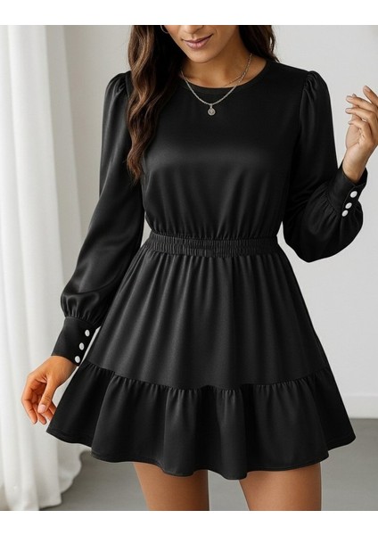 Cottonlab Kadın Uzun Kollu Bisiklet Yaka Beli Lastikli Fırfırlı Ithal Krep Elbise modelleri