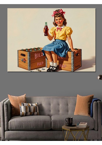 Kola Içen Retro Kız Çocuklu Afiş Dekoratif Kanvas - Mdf Ahşap Tablo