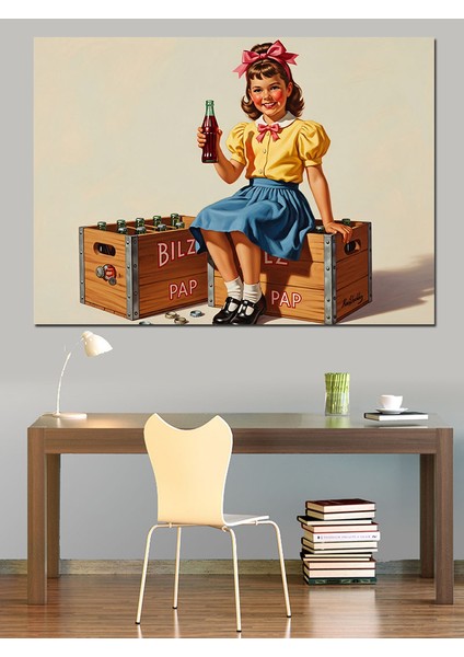 Kola Içen Retro Kız Çocuklu Afiş Dekoratif Kanvas - Mdf Ahşap Tablo fiyatları