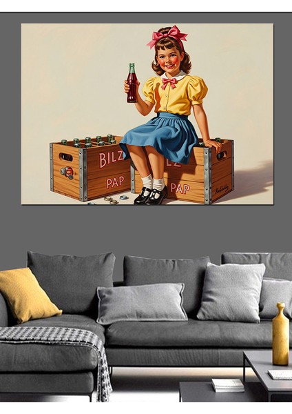 Kola Içen Retro Kız Çocuklu Afiş Dekoratif Kanvas - Mdf Ahşap Tablo modelleri