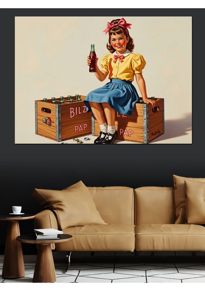 Kola Içen Retro Kız Çocuklu Afiş Dekoratif Kanvas - Mdf Ahşap Tablo fırsatları