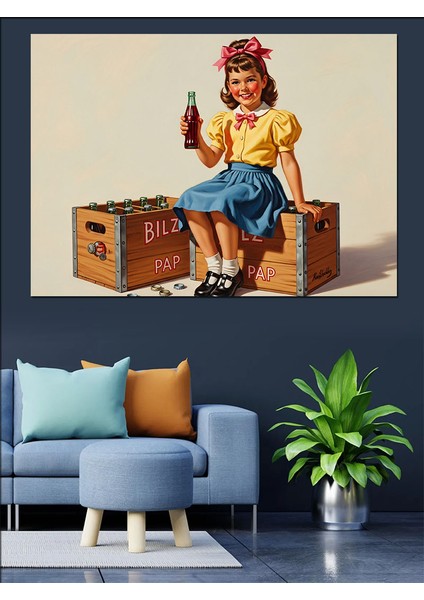 Kola Içen Retro Kız Çocuklu Afiş Dekoratif Kanvas - Mdf Ahşap Tablo indirimleri