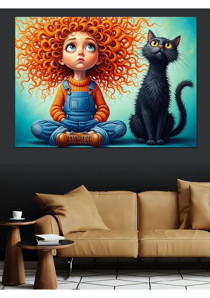 Kırmızı Saçlı Küçük Kız ve Kara Kedi Çizimi Dekoratif Kanvas - Mdf Ahşap Tablo