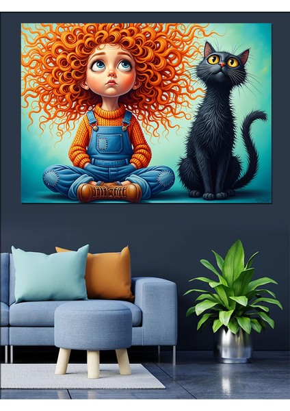 Kırmızı Saçlı Küçük Kız ve Kara Kedi Çizimi Dekoratif Kanvas - Mdf Ahşap Tablo fiyatları