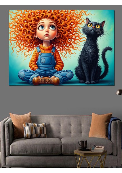 Kırmızı Saçlı Küçük Kız ve Kara Kedi Çizimi Dekoratif Kanvas - Mdf Ahşap Tablo modelleri
