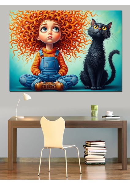 Kırmızı Saçlı Küçük Kız ve Kara Kedi Çizimi Dekoratif Kanvas - Mdf Ahşap Tablo fırsatları