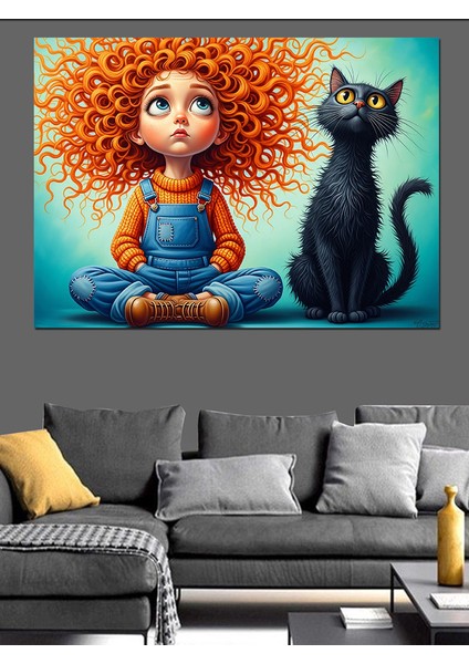 Kırmızı Saçlı Küçük Kız ve Kara Kedi Çizimi Dekoratif Kanvas - Mdf Ahşap Tablo indirimleri