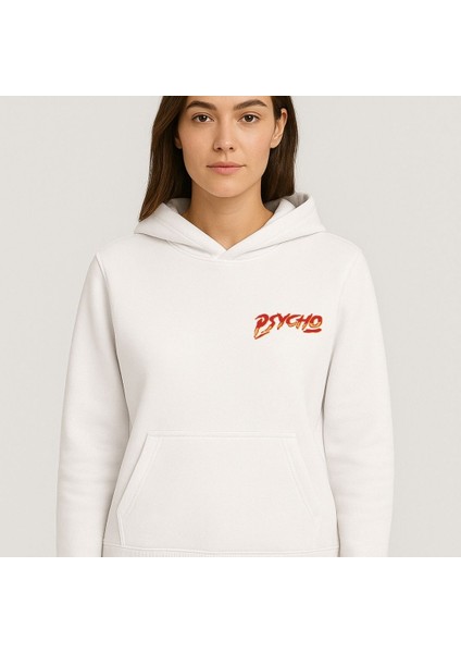 Unisex Beyaz Oversize Kapüşonlu Sweatshirt Tasarım Pscho