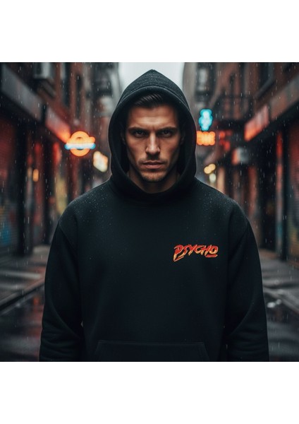 Unisex Beyaz Oversize Kapüşonlu Sweatshirt Tasarım Pscho