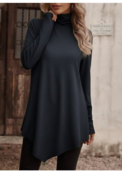 Cottonlab Kadın Uzun Kollu Balıkçı Yaka Asimetrik Kesim Detaylı Antrasit Yün Viskon Bluz modelleri
