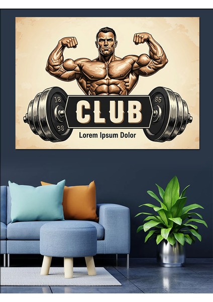 Retro Halter ve Kaslı Adam Görselli Vücut Geliştirme Kulübü Dekoratif Kanvas - Mdf Ahşap Tablo