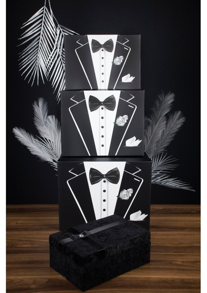 Damat Bohçası 4'lü Set - 3 Kutu 1 Kadife Kaplı Ahşap Sandık - Çeyiz Nişan