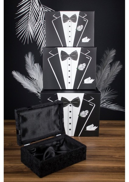 Damat Bohçası 4'lü Set - 3 Kutu 1 Kadife Kaplı Ahşap Sandık - Çeyiz Nişan fiyatları