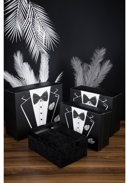 Damat Bohçası 4'lü Set - 3 Kutu 1 Kadife Kaplı Ahşap Sandık - Çeyiz Nişan modelleri