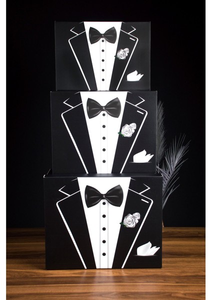 Damat Bohçası 4'lü Set - 3 Kutu 1 Kadife Kaplı Ahşap Sandık - Çeyiz Nişan