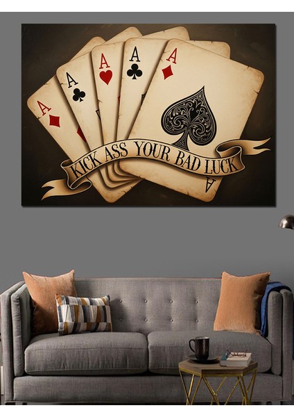 Iskambil Kağıtlarında Aslar " Kötü Şansına Tekmeyi Bas" Motivasyon Yazılı Dekoratif Kanvas - Mdf Ahşap Tablo fırsatları