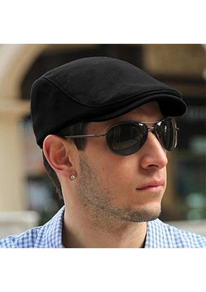 Kışlık Kaşe Şapka Yün Düz Renk Spor London Kasket -Siyah