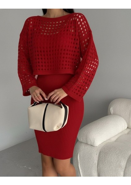 Cottonlab Kadın Uzun Kollu Delikli Kazak Askılı Elbise Triko Ikili Takım fiyatları