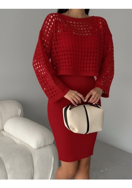 Cottonlab Kadın Uzun Kollu Delikli Kazak Askılı Elbise Triko Ikili Takım modelleri