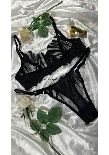 Siyah Zebra Desenli Brode Iç Çamaşır Takımı Çeyiz (Sütyen & Tanga) Seksii, Fantazii fırsatları