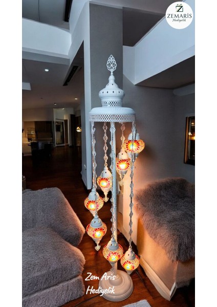 El Yapımı Otantik Mozaik Beyaz Lambader 7 Li