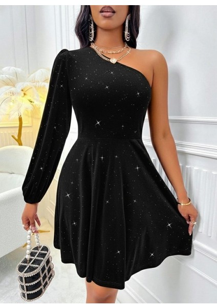 Cottonlab Kadın Tek Omuzdan Açık Uzun Kollu Taşlı Mini Elbise fırsatları