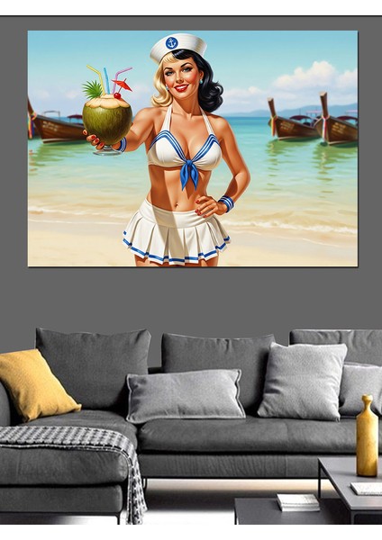 Deniz Kenarında Kokteyl ve Pin-Up Kız Dekoratif Kanvas - Mdf Ahşap Tablo