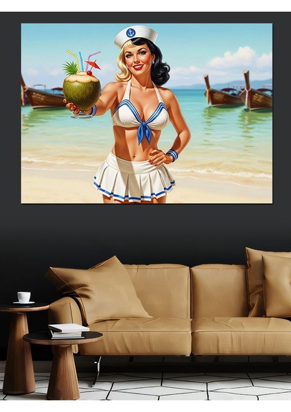 Deniz Kenarında Kokteyl ve Pin-Up Kız Dekoratif Kanvas - Mdf Ahşap Tablo fiyatları