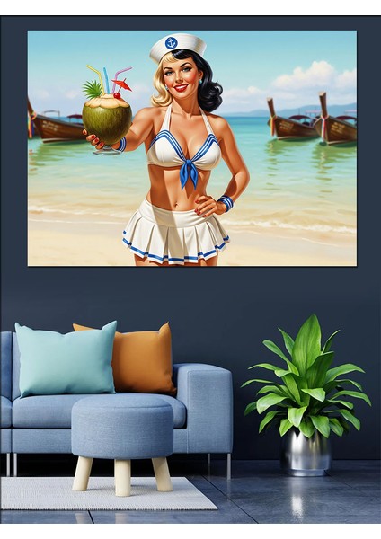 Deniz Kenarında Kokteyl ve Pin-Up Kız Dekoratif Kanvas - Mdf Ahşap Tablo modelleri