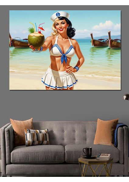 Deniz Kenarında Kokteyl ve Pin-Up Kız Dekoratif Kanvas - Mdf Ahşap Tablo fırsatları