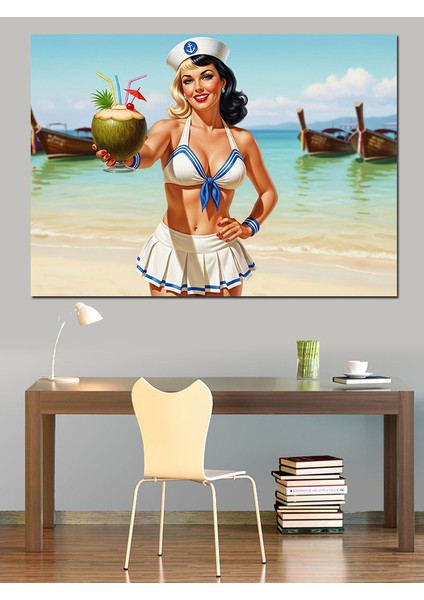 Deniz Kenarında Kokteyl ve Pin-Up Kız Dekoratif Kanvas - Mdf Ahşap Tablo indirimleri
