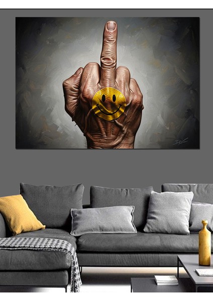 Gülen Emojili El Orta Parmak Işareti Dekoratif Kanvas - Mdf Ahşap Tablo