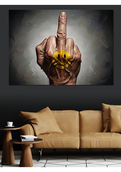 Gülen Emojili El Orta Parmak Işareti Dekoratif Kanvas - Mdf Ahşap Tablo fiyatları