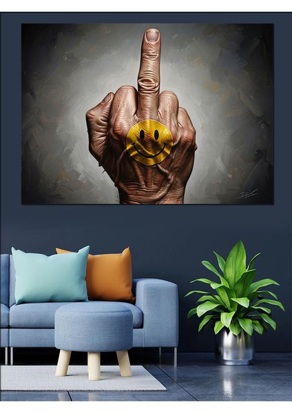 Gülen Emojili El Orta Parmak Işareti Dekoratif Kanvas - Mdf Ahşap Tablo modelleri