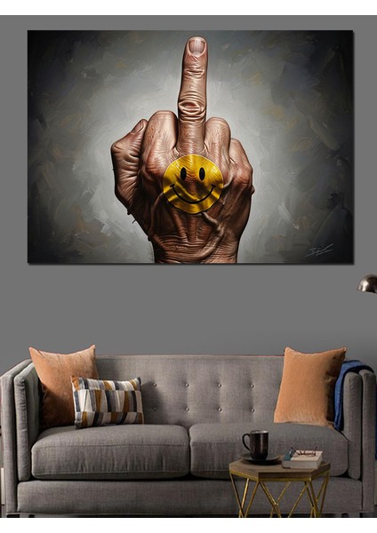 Gülen Emojili El Orta Parmak Işareti Dekoratif Kanvas - Mdf Ahşap Tablo fırsatları