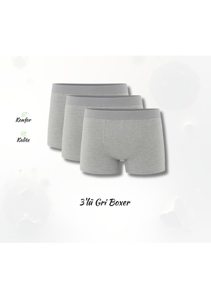EzoWear Erkek 3'lü Gri Boxer Seti - Nefes Alan Kumaş
