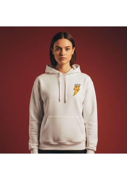 Unisex Beyaz Oversize Kapüşonlu Sweatshirt Tasarım Pizzza