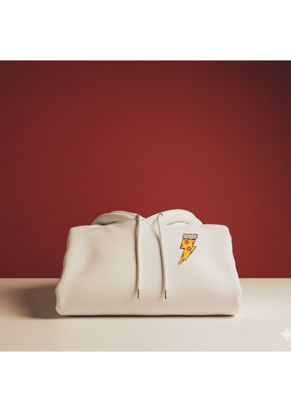 Unisex Beyaz Oversize Kapüşonlu Sweatshirt Tasarım Pizzza modelleri