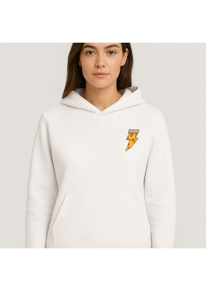 Unisex Beyaz Oversize Kapüşonlu Sweatshirt Tasarım Pizzza indirimleri