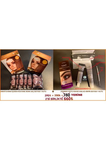 Kına İçeren Kestane Renk Saç Boyası 6'lı 1 Kutu + Joanna Koyu Kahve Kaş Kirpik Boyası 1 Kutu fırsatları