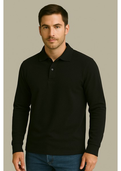 Regular Fit %100 Pamuk Polo Yaka Uzun Kollu Basic T-Shirt